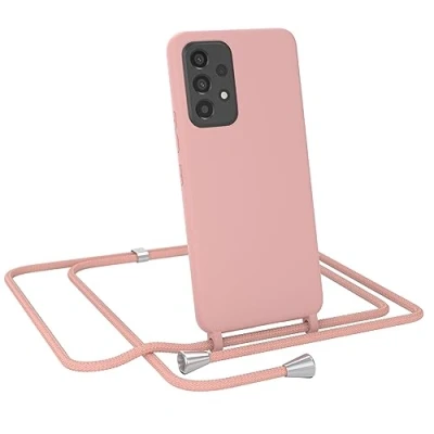 Abbildung von EAZY CASE Schutzhülle mit Handykette kompatibel Samsung Galaxy A53 5G Kameraschutz und Bildschirmschutz, TPU Silikon Bumper, in Kombi Alt Rosa Handyband Clips Silber