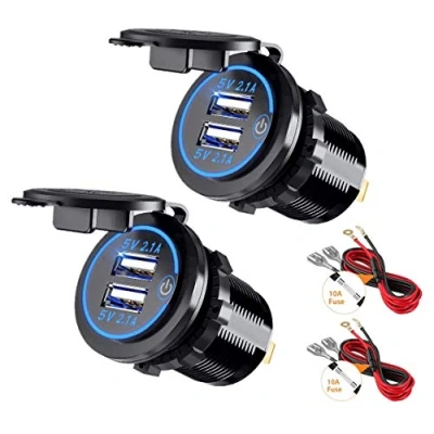 Abbildung von Thlevel 2X Auto USB Ladegerät KFZ Steckdose 5V 4.2A Schnellladung mit LED Anzeige, wasserdichte und Staubdicht, für 12V 24V Fahrzeuge Boot Motorrad SUV Bus LKW Wohnwagen Marine (Blau)