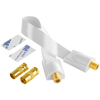 Abbildung von Poppstar SAT Fensterdurchführung (Koax Kabel flach 0,2mm) für Fenster &amp; Türen Kabel, (28 cm), 2x F Stecker (1 Antennenstecker, 1 Antennenbuchse), 2 Klebepads, weiß