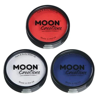 Abbildung von Moon Creations Pro Gesichts und Körper Make up, Krönungs King Charles Union Jack Set, professionelle Kuchentöpfe mit farbiger Farbe, Kostüm, Halloween für Kinder, Erwachsene (Rot, Weiß, Dunkelblau)