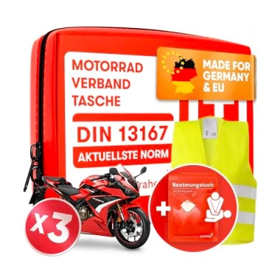 Abbildung von PURAHELP Motorrad 3x Verbandskasten nach aktueller Norm 2025 DIN 13167 (StVO konform) Inkl. Warnweste &amp; Beatmungstuch Erste Hilfe Set Mini Klein