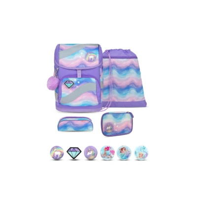 Abbildung von Belmil Smarty Schulranzen Set 5 teilig Rainbow Land mit Brustgurt, Hüftgurt, Magnetverschluss, Patch 6 Stück