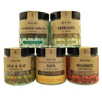 Abbildung von BAVAREGOLA Bio Gewürze Set &quot;Bella Italia&quot; 5 Soulspice Gewürzmischungen für die Italienische Küche Bolognese, Pasta, Knoblauch, Aglio e Olio &amp; Kräuter Mischung 100% Fairtrade