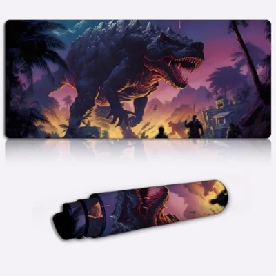 Abbildung von Dinosaurier im Dschungel, Gaming Mauspad, XXL, übergroßes Schreibtischunterlage, Mauspad lange rutschfeste Gummiunterseite, 39,9 x 89,9 cm