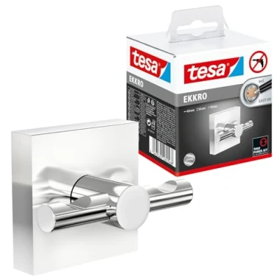 Abbildung von tesa EKKRO Handtuchhaken, verchromter Edelstahl Bad Haken zur Wandbefestigung ohne Bohren, inkl. Klebelösung 63 mm x 50