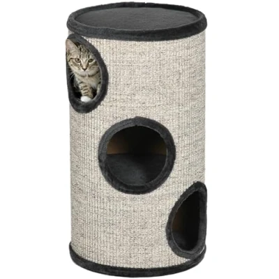 Abbildung von Kratztonne, Katzenkratzbaum mit 3 Höhlen, Spieltonne für Katzen, Grau