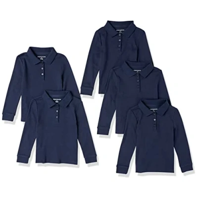 Abbildung von Amazon Essentials Mädchen Langärmelige Interlock Poloshirts, 5er Pack, Marineblau, 8 Jahre