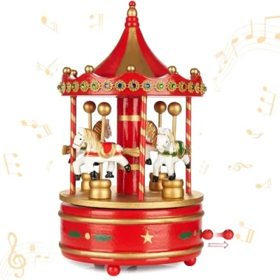 Abbildung von BRUBAKER Spieluhr aus Holz Melodie: Jingle Bells Nostalgie Karussell mit Pferden 24 cm Spieldose Dekoration für Weihnachten Weihnachtsdeko Musik Box Rot Gold
