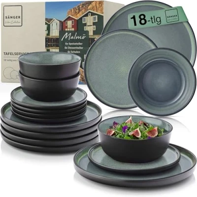 Abbildung von SÄNGER Tafelservice Malmö Geschirrset (18 tlg), 6 Personen, Steingut, Grün Schwarz, Handmade, Erweiterbar, VALUE COLLECTION