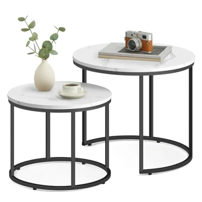 Abbildung von Home Collective Couchtisch 2er Set Rund Beistelltisch Loft Design 2 in 1 Verschachtelung Kratzfeste Oberfläche, Wohnzimmer 53cm und 43cm Breit Marmor Optik mit schwarzen Beinen