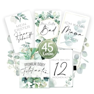 Abbildung von 45 Baby Meilenstein Karten im Eukalyptus Design für Jungen &amp; Mädchen mit hochwertiger Verpackung von Cozy Racoon Meilensteinkarten als Geschenk zur Geburt, Babyparty, Schwangerschaft