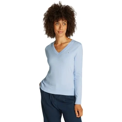 Abbildung von Tommy Hilfiger Damen Pullover Jersey V Neck Strickpullover, Blau (Breezy Blue), M