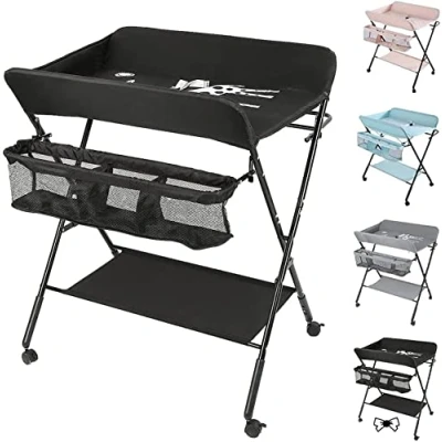Abbildung von Wickeltisch für Babys, faltbar, Wickelkommode Baby, tragbar, mit Kissen, Rollen, mobiler Wickelauflage, 80 x 66 98 cm (schwarz)