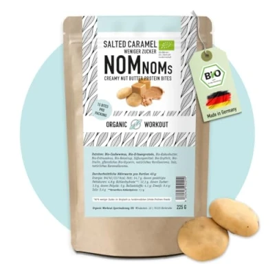 Abbildung von Salted Caramel NomNoms Big Pack cremige Nussmus Protein Bites bio, vegan mit Bio Erythrit gesüsst Riegel Alternative 225g