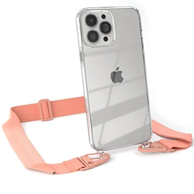 Abbildung von EAZY CASE Hülle mit Band kompatibel iPhone 13 Pro Max Handyhülle Umhängeband für Silikonhülle Transparent Schutzhülle Handykette zum Umhängen Handykordel in Rosa Coral