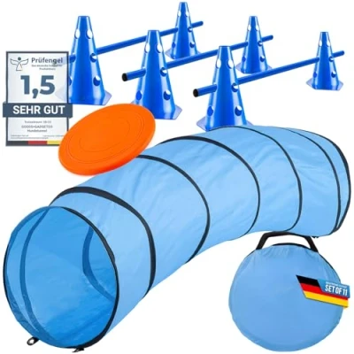 Abbildung von Hunde Agility Tunnel Hundetunnel Spieltunnel; 200cm Agilitytunnel; Zubehör Set Hundehöhle inkl. Heringe, Transporttasche, Wurfspielzeug Frisbee &amp; Steckhürden mit Hütchen