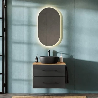 Abbildung von Planetmöbel LUX Badmöbel Set Waschbecken mit Unterschrank 70 cm, Aufsatz 42 cm schwarz, Spiegel 50 (ohne LED), Waschbeckenunterschrank Gold Eiche/Anthrazit