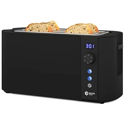 Abbildung von Balter Toaster 4 Scheiben, Langschlitz, Edelstahl, Brötchenaufsatz, LCD Display mit Restzeitanzeige, Auftaufunktion, Brotzentrierung, Krümelschublade, TS 04 LCD, Farbe: Schwarz