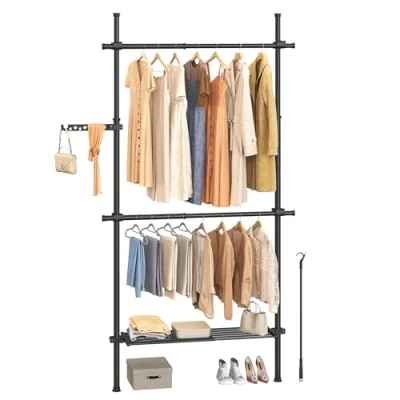 Abbildung von SONGMICS Teleskopstange Kleiderständer, 3 stufige Garderobe, höhen und breitenverstellbar, offener Kleiderschrank mit 2 Kleiderstangen abnehmbarer Ablage, Greifarm, mattschwarz HSR136B01