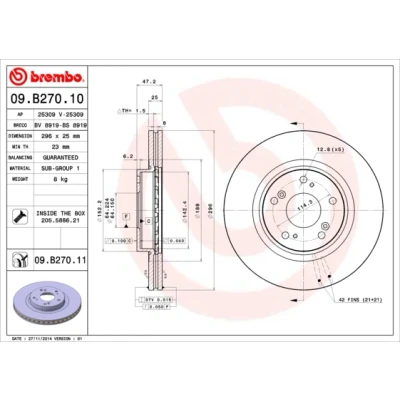 Abbildung von BREMBO 09.B270.10 Bremsscheibe 296 25 5 innenbelüftet mit Schrauben HONDA: ACCORD 8 Kombi,