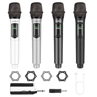 Abbildung von talomen Professionelles kabelloses Mikrofon, Quad Mikrofonsystem, 2,4 GHz, dynamisches Karaoke wiederaufladbar, mit Empfänger, Reichweite 160 m, für Gesang, Party, K604, Weiß, Silber, Grau