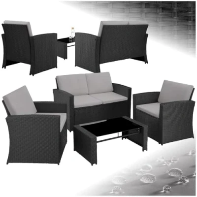 Abbildung von tectake® Lounge Gartenmöbel Set Poly Rattan für den Garten, Möbel Balkon, 12 teilige Garten (wetterfest), Essgruppe mit Outdoor Sofa, Sessel und Tisch 4 Personen (Schwarz/Grau)
