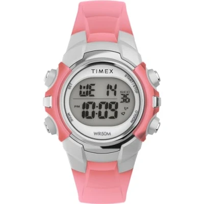 Abbildung von Timex Sport Unisex Armbanduhr, 33 mm, rosa Kunstharzarmband, digitales Zifferblatt, silberfarbenes Gehäuse TW5M61600
