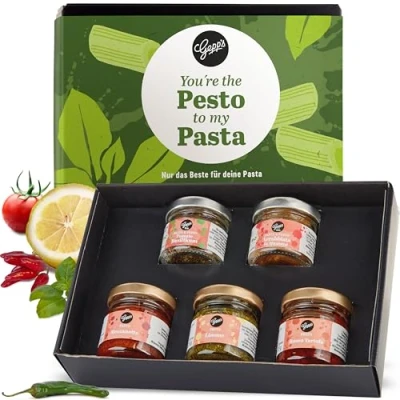 Abbildung von Gepp&#039;s Feinkost Pesto Geschenkset I 5 teiliger Geschenkkorb mit italienischen Spezialitäten 3x &amp; 2x Pasta Gewürz Bio Delikatessen Präsentkorb Trüffel Pesto, Limone u.v.m.