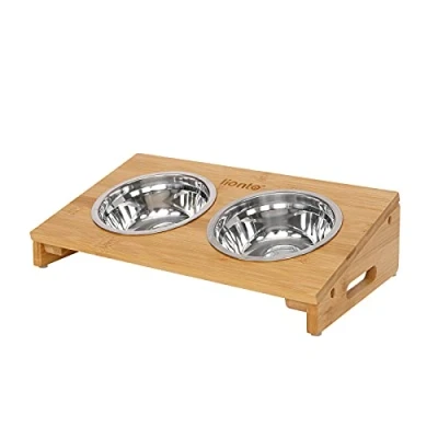Abbildung von lionto erhöhter Hundenapf aus Bambus, 35x20x10 cm, doppelter Futternapf für Hunde &amp; Katzen, 2 spülmaschinenfeste Edelstahlnäpfe Ø 14 Fassungsvermögen pro Napf 250 ml, rutschfest gelenkschonend