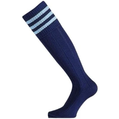 Abbildung von Mitre Mercury 3 Streifen Fußballsocken für Kinder Fußballmannschaft Set leichte, lange Sportsocken atmungsaktiv, Marineblau/Himmelblau, Junior (35 39)