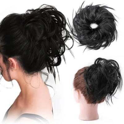 Abbildung von Hair Extension Haarverlängerung Haarteil Haargummi Hochsteckfrisuren Brautfrisuren VOLUMINÖS Gewellter Unordentlicher Dutt PferdeschwanzDunkelschwarz
