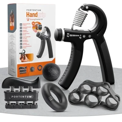 Abbildung von PORTENTUM Handtrainer für den Unterarm 5 teiliges Set, verstellbarer Handgrifftrainer, Handtrainer, Fingerdehner, Griffstärkering und Anti Stress Ball.