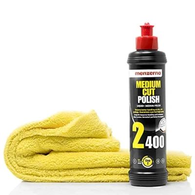Abbildung von detailmate Auto Polier Set Autopflege: Menzerna Autopolitur Medium Cut Polish 2400, 250 ml Beseitigung von Schleifspuren + Mikrofaser Poliertuch, 40x40cm, perfekt zum Auspolieren auf Autolack