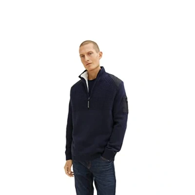 Abbildung von TOM TAILOR Herren Strickpullover Troyer mit Teddyfell 1033531, 13160 Knitted Navy Melange, XL