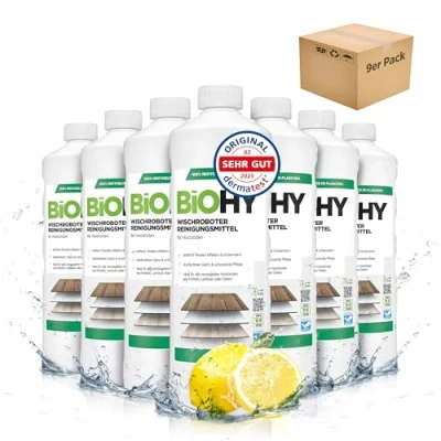 Abbildung von BiOHY Wischroboter Reinigungsmittel (9 x 1 Liter) Bodenreiniger Mittel für Holzböden Laminat &amp; Parkettpflege streifenfreier Glanz auf wasserfestem Holz schaumarmes Konzentrat