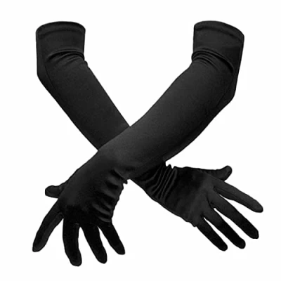Abbildung von SHATCHI Damen Lange Ellenbogen Satin dehnbar 1920er Opera Abend Party Tanz Hochzeit Abschlussball Handschuhe für Frauen (55cm/20.5inch), Schwarz, Einheitsgröße