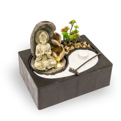 Abbildung von Zimmerbrunnen mit LED Beleuchtung und Buddha, Feng Shui Dekobrunnen kleinem ZEN Garten