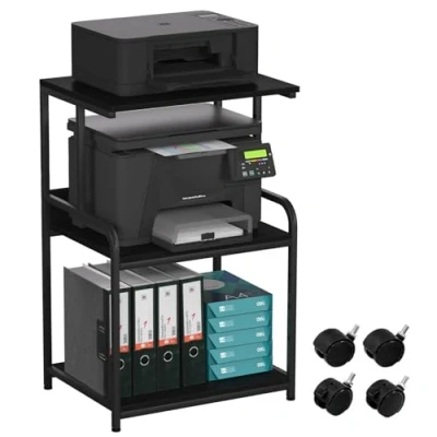 Abbildung von 3 stöckiger Druckerständer, Druckertisch mit Rollen, Metall Druckerwagen, Druckerregal für Büro, Zuhause, Schule und Arbeitszimmer, Druckerschrank Fax, Kopierer, Scanner (Reines Schwarz)