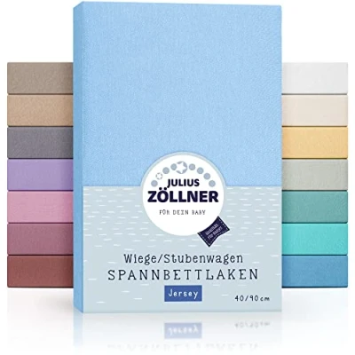 Abbildung von Julius Zöllner Jersey Spannbettlaken für Wiegen 90x40cm und Stubenwagen, 100% Baumwolle, STANDARD 100 by OEKO TEX, hellblau (1er Pack)