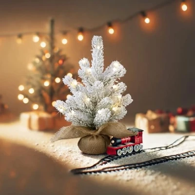 Abbildung von infactory LED Deko Tannenbaum: Weihnachtsbaum mit Schnee, 20 LEDs, 26 cm, USB Betrieb (Mini USB, Dekobaumleuchter)