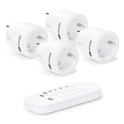 Abbildung von conecto Funk Steckdosen Set: 4x Funksteckdose und 1x Fernbedienung, Innenbereich, 2300 Watt, kompaktes Design, weiß
