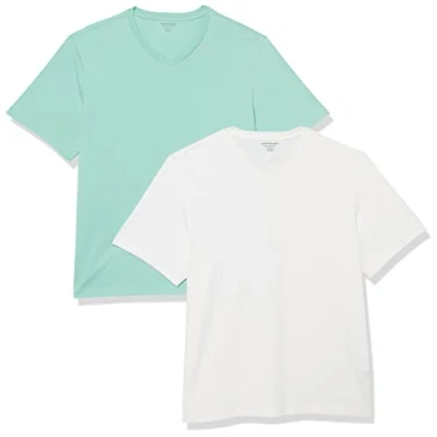Abbildung von Amazon Essentials Herren Kurzärmliges T Shirt mit V Ausschnitt in normaler Passform (in Übergrößen erhältlich), 2er Pack, Weiß/Aquablau, M