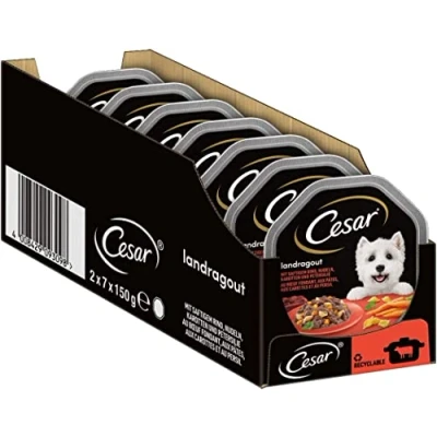 Abbildung von Cesar Hundefutter Nassfutter Landküche mit Rind, Pasta und Karotten in köstlicher Sauce, 14 Schalen (14 x 150g)