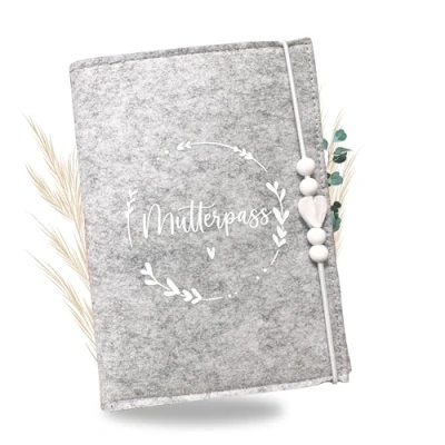 Abbildung von Premium Mutterpasshülle aus Filz für deutschen Mutterpass mit Fächer Ultraschallbild, Impfpass, Versichertenkarte Handmade Schutzhülle grau