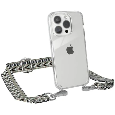 Abbildung von EAZY CASE Handykette mit verstellbarem Trageriemen für iPhone 15 Pro Taschengurt zum Wechseln transparenter Handyhülle Hülle dünner Schulterriemen in Grün Schwarz Silber