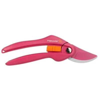 Abbildung von Fiskars Bypass Gartenschere für frische Äste und Zweige, Länge 20 cm, Antihaftbeschichtet, Karbonstahl Klingen/Kunststoff Griffe, Pink/Orange, Inspiration, Ruby, P26, 1003657