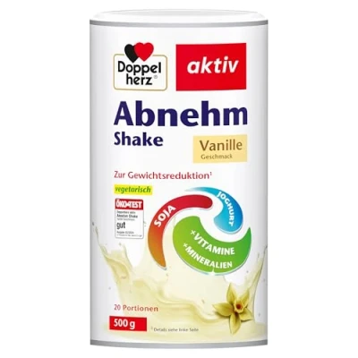 Abbildung von Doppelherz Abnehm Shake Mahlzeitenersatz mit leckerem Vanille Geschmack für eine gewichtskontrollierende Ernährung 20 vegetarische Portionen