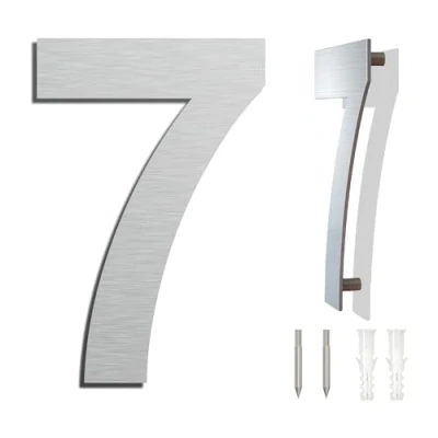 Abbildung von Edelstahl Hausnummer Wetterfest und Pflegeleicht Metallic Mattes Silber Finish Moderner Schwebender Aussehen Einfache Installation Höhe 152 mm Arial Ziffer 7