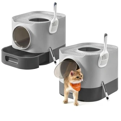 Abbildung von Feandrea Katzenklo 2er Set, Katzentoilette XXL, mit Deckel, ausziehbares Tablett, Schaufel, Bürste, für Katzen verschiedener Größen, weniger Spuren, Taubengrau schiefergrau PPT002B10