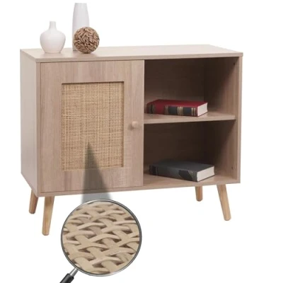 Abbildung von Kommode HWC M39, Schrank Sideboard Highboard, Staufach, Kubu Rattan Holz Melamin, 67x80x38cm Eiche Optik